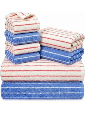 Soft 100% Cotton Striped Bath Towels Set - Red & Blue Color Variant
